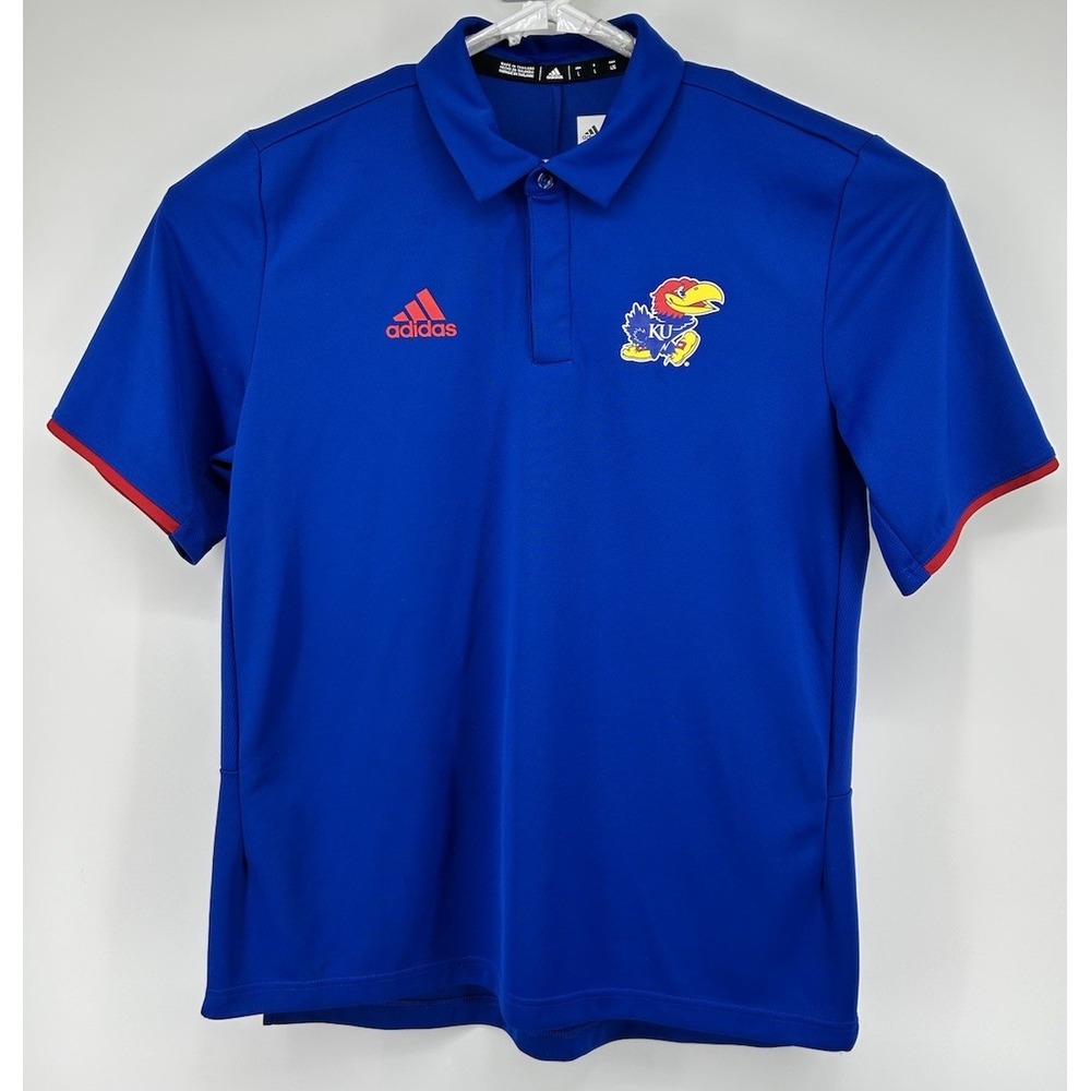 Adidas Kansas Jayhawks Short Sleeve Polo Shirt Blue‎ Men's Size Large